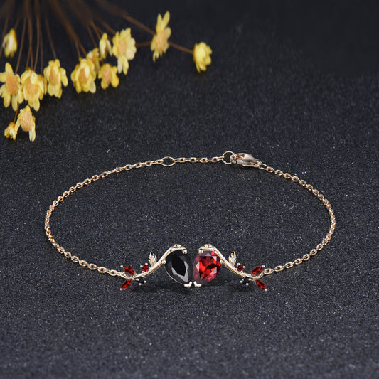 Nature Inspired Red Garnet & Black Onyx Heart Charm Bracelet