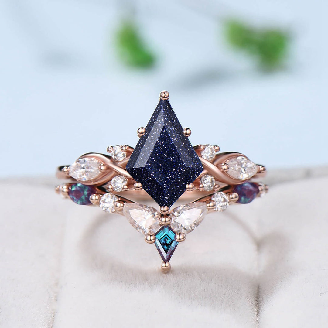 Unique Starry Sky Kite Cut Blue Sandstone Engagement Ring Set Kite Alexandrite Moissanite Bridal Set Antique Art Deco Wedding Ring Set - PENFINE