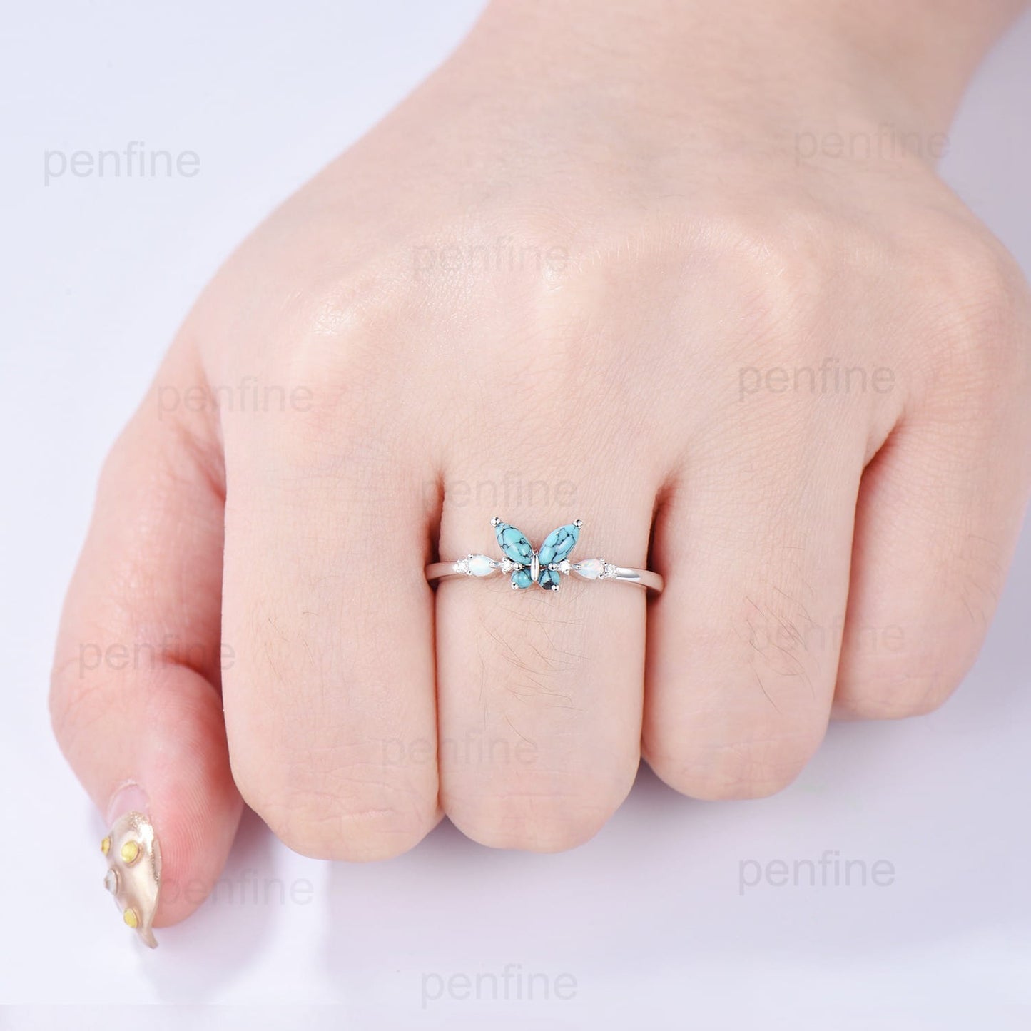 Unique Butterfly Marquise Turquoise Engagement Ring Vintage Pear White Opal Wedding Ring Silver Anniversary Ring December Birthstone Gift - PENFINE