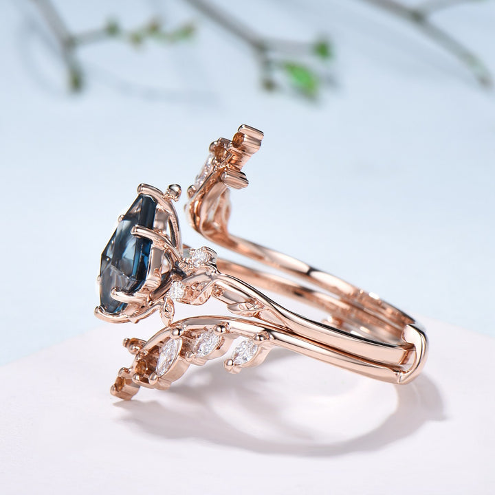 Unique gothic kite cut London blue topaz engagement ring set cluster diamond engagement ring leaf vine nature inspired citrine wedding set - PENFINE
