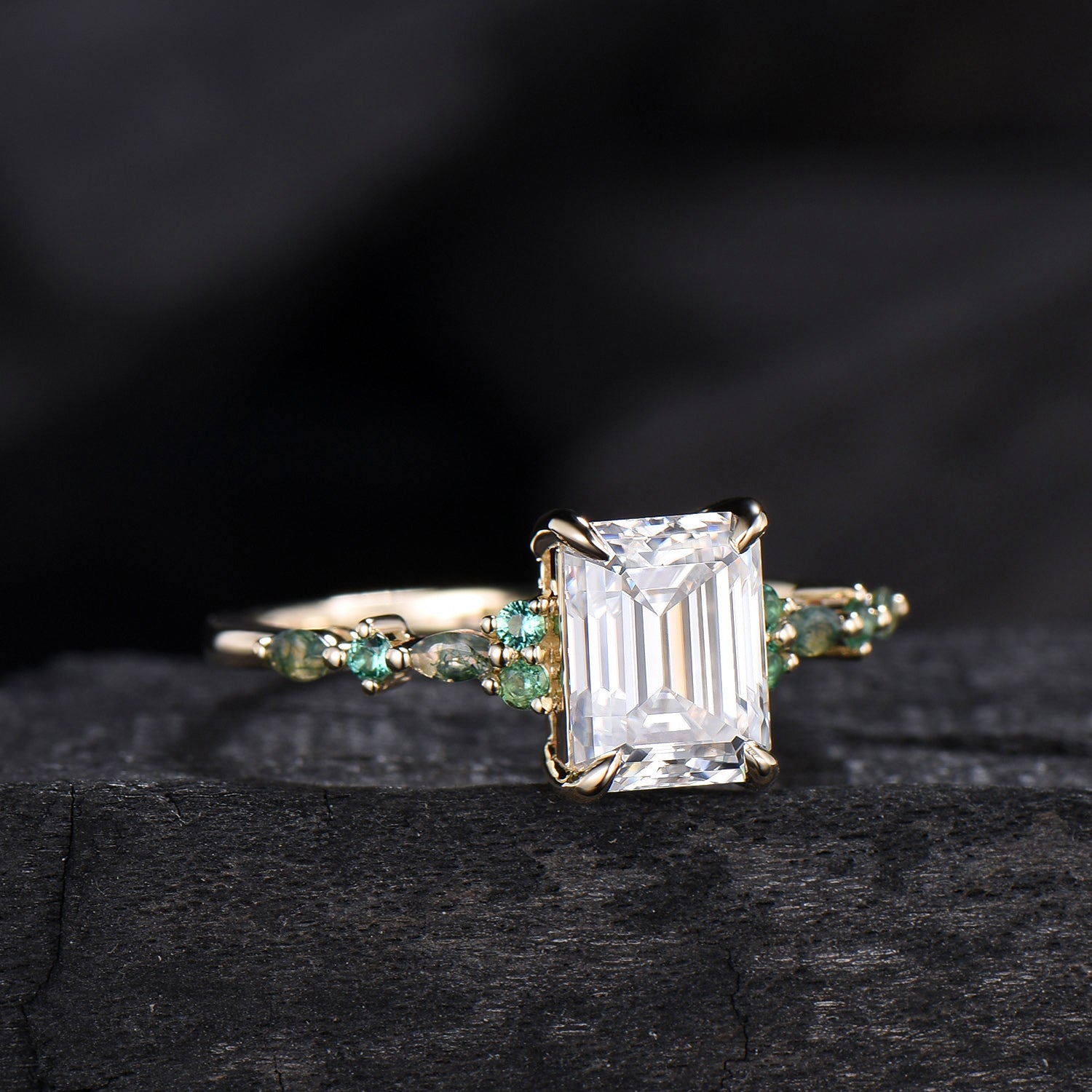 Vintage Emerald Cut Moissanite Engagement Ring Unique Marquise Moss Agate Moissanite Wedding Ring Art Deco Minimalsit Anniversary Ring Gift