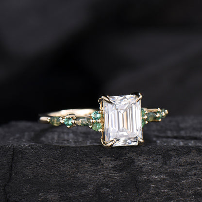 Vintage Emerald Cut Moissanite Engagement Ring Unique Marquise Moss Agate Moissanite Wedding Ring Art Deco Minimalsit Anniversary Ring Gift
