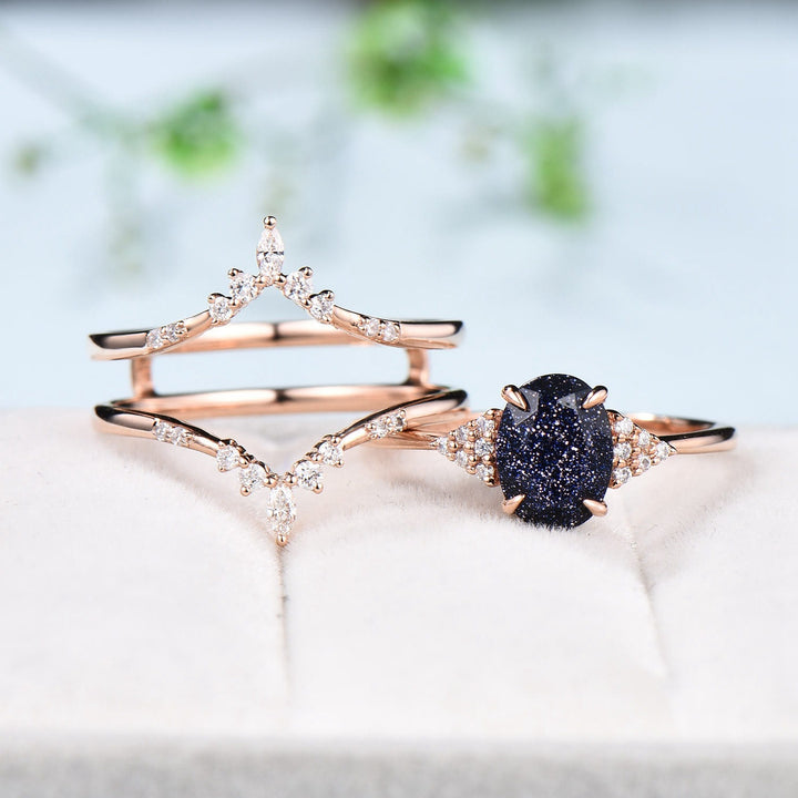 Unique Oval blue sandstone engagement ring set cluster moissanite  wedding ring set vintage double curved diamond stacking band for women - PENFINE