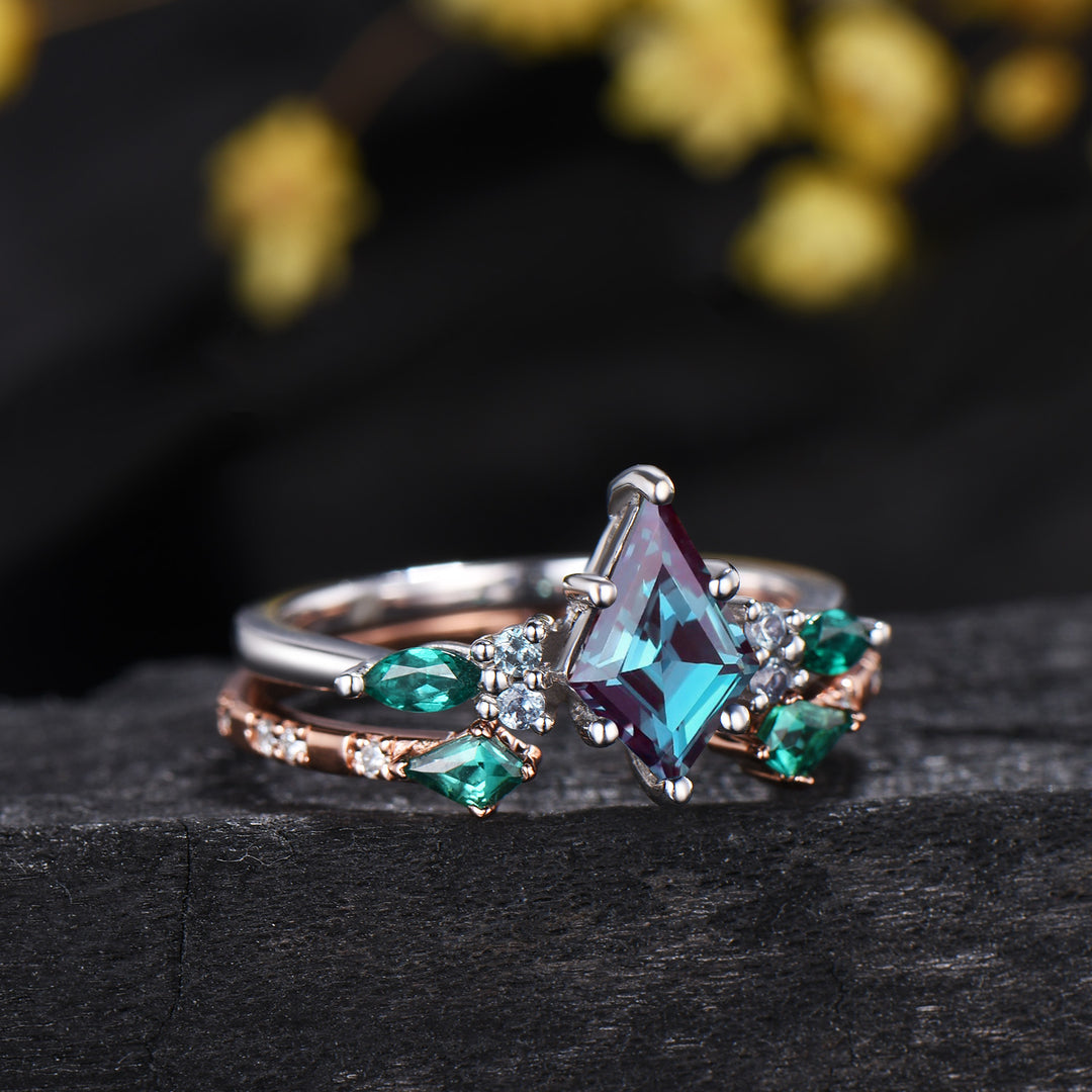 Vintage Kite Cut Alexandrite Engagement Ring Set, Art Deco Marquise Emerald Bridal Set, Unique Open Gap Stacking Band Wedding Set for Women