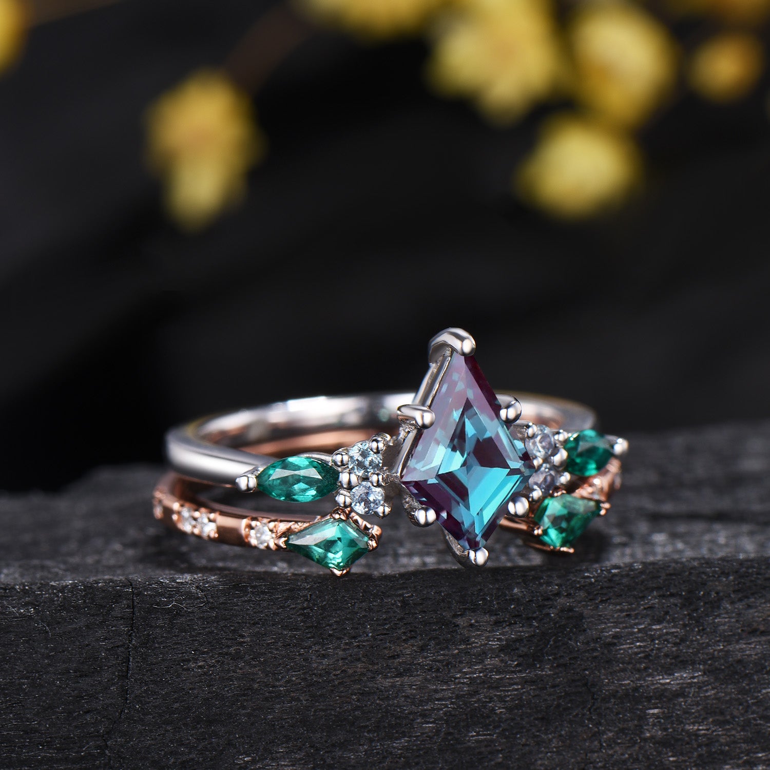 Vintage Kite Cut Alexandrite Engagement Ring Set, Art Deco Marquise Emerald Bridal Set, Unique Open Gap Stacking Band Wedding Set for Women