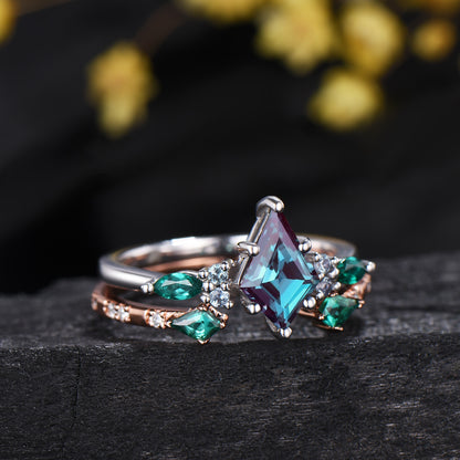 Vintage Kite Cut Alexandrite Engagement Ring Set, Art Deco Marquise Emerald Bridal Set, Unique Open Gap Stacking Band Wedding Set for Women