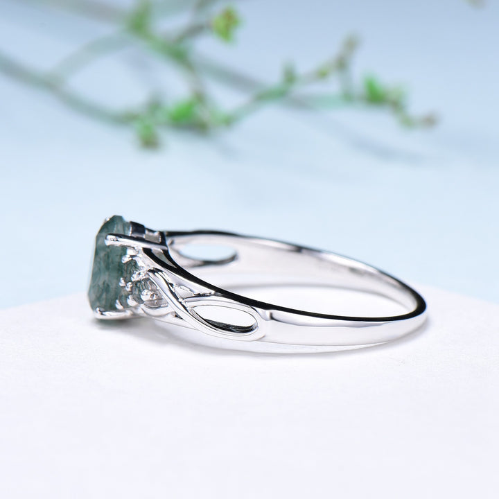Celtic Knot Oval Natural Moss Agate Engagement Ring Solid 14K/18K White Gold Unique Infinity Ring Cluster Wedding Ring Anniversary gifts - PENFINE