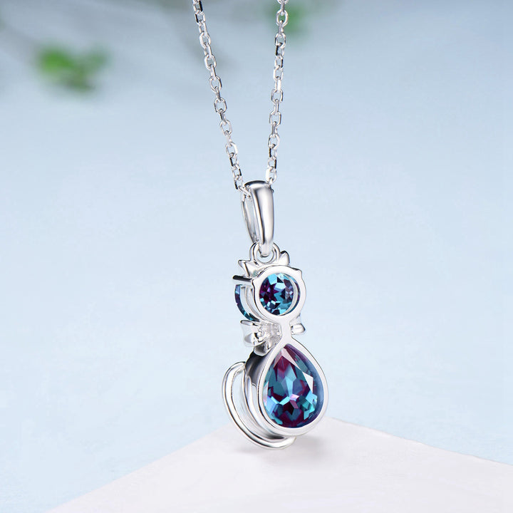 Dainty cat alexandrite necklace cute silver white gold bow-knot pendant necklace unique personalized Cat's Paw anniversary gift for daughter - PENFINE