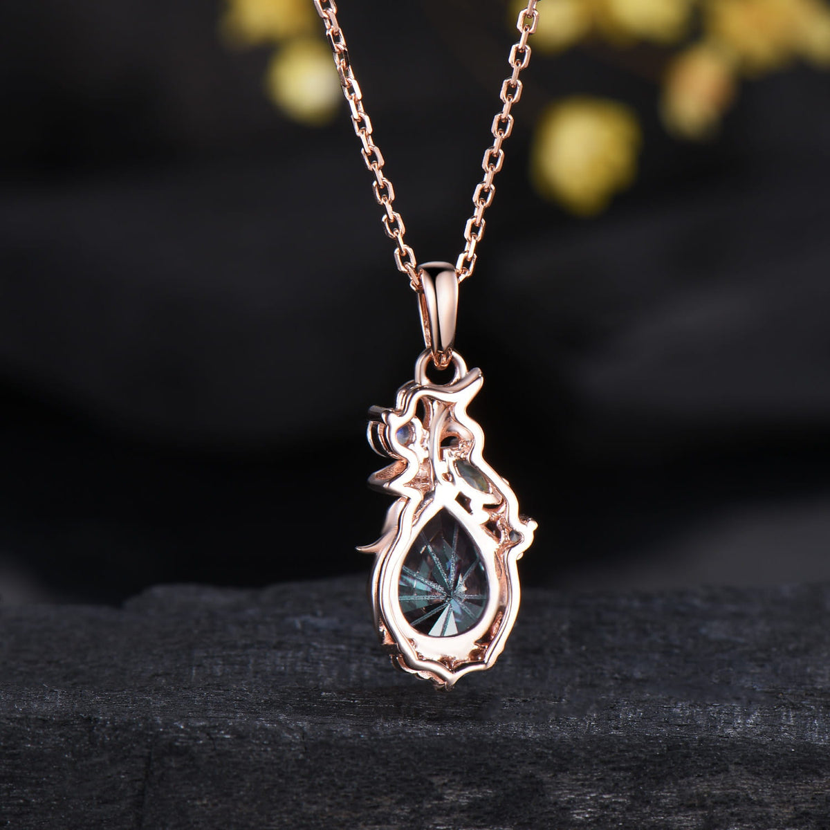Floral Firework Cut Alexandrite Necklace 1.25CT Pear Shaped Alexandrite Moonstone Pendant