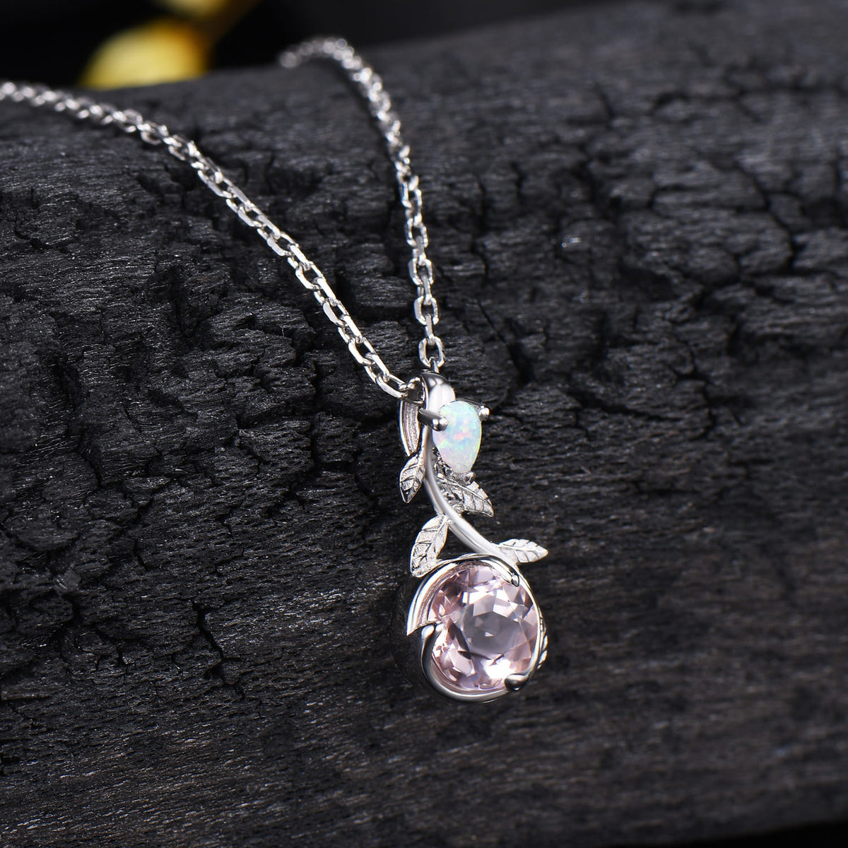 Elegant Pink Morganite Necklace Pendant, 5mm Round Cut Pink Gemstone Moon Pendant, Leaf Vine Natural Inspired Anniversary Gift for Her