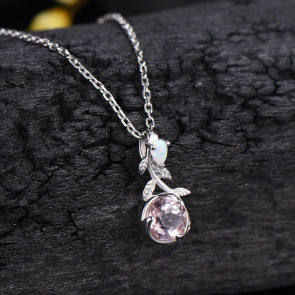 Elegant Pink Morganite Necklace Pendant, 5mm Round Cut Pink Gemstone Moon Pendant, Leaf Vine Natural Inspired Anniversary Gift for Her