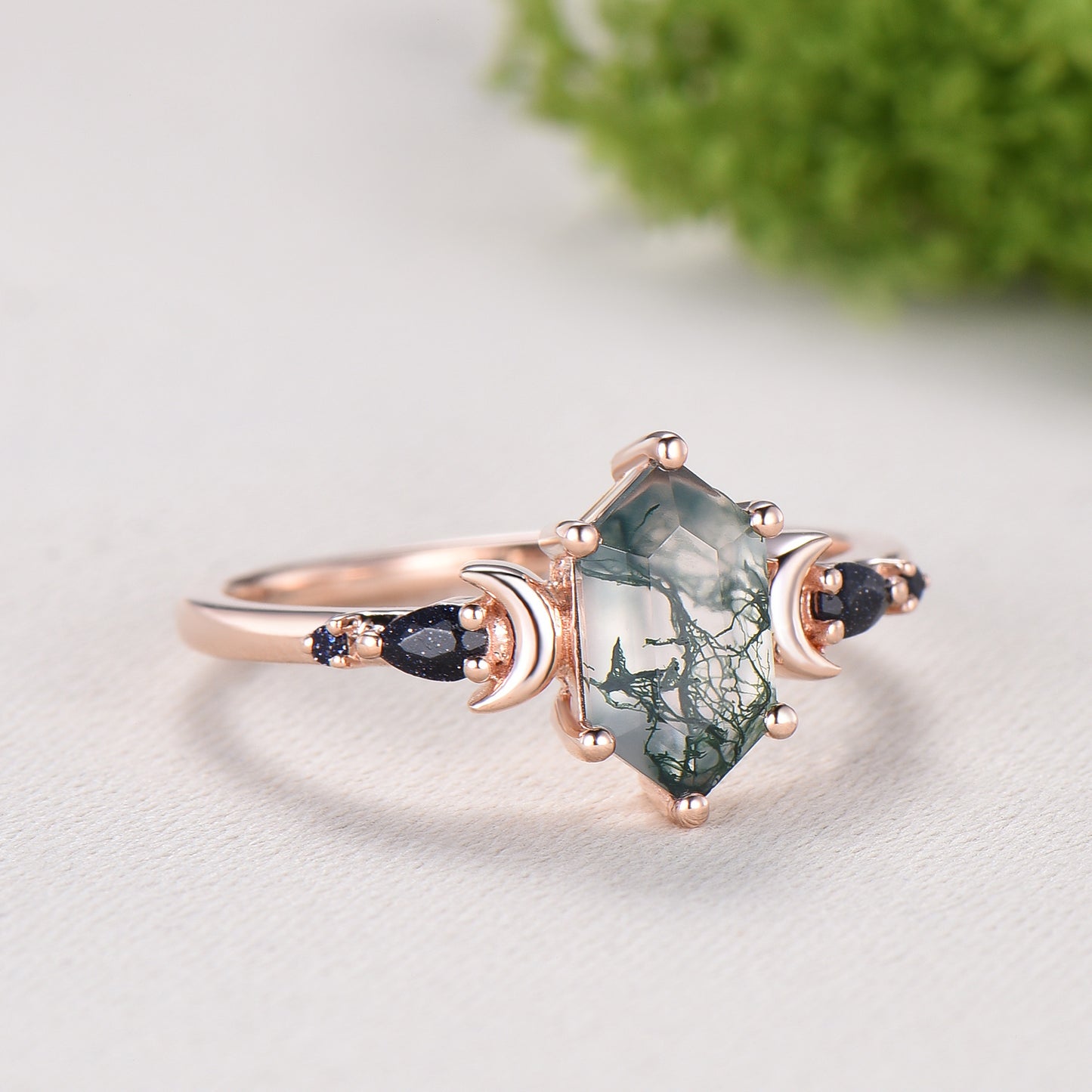 Long Hexagon Moss Agate Engagement Ring, Crescent Moon Blue Sandstone Band, Celestial Jewelry, Unique 14K Rose Gold Wedding Ring Set - PENFINE