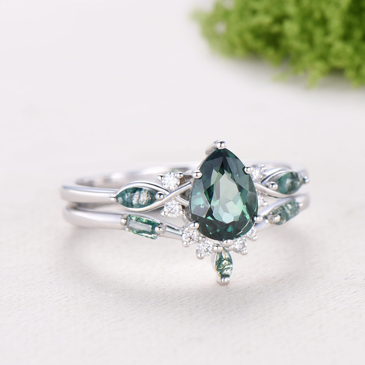 Vintage Pear Shaped Green Teal Sapphire Engagement Ring Set Unique 14k Rose Gold Vine Moss Agate Bridal Set Anniversary Promise Ring Gift