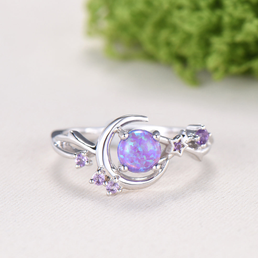 Dainty star purple opal ring 5mm round fire opal moon engagement ring elegant art deco wedding ring for women unique handmade proposal gift - PENFINE