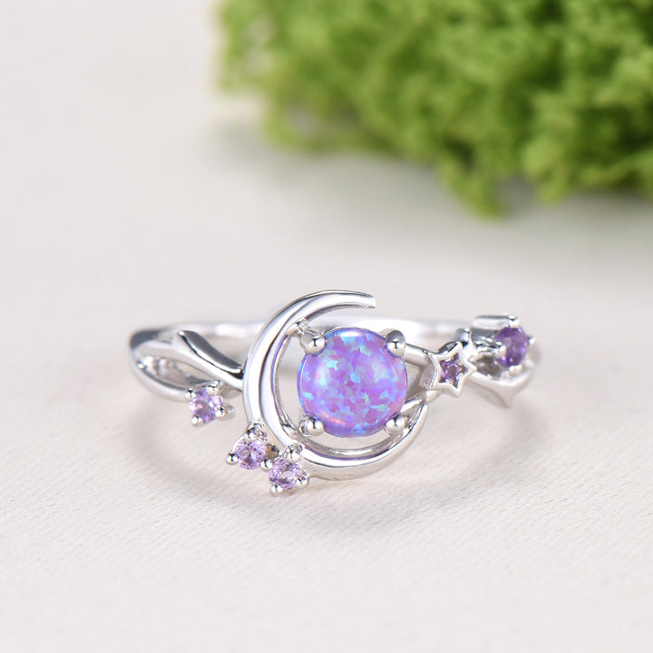 Dainty star purple opal ring 5mm round fire opal moon engagement ring elegant art deco wedding ring for women unique handmade proposal gift - PENFINE