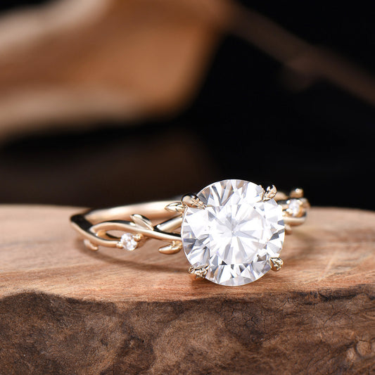 3ct Round Moissanite Engagement Ring 14K Yellow Gold  Twig Promise Ring