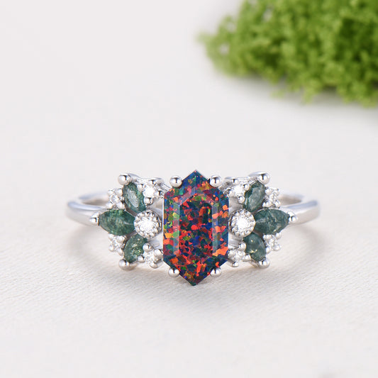 Vintage Art Deco Hexagon Cut Black Opal Engagement Ring, Moss Agate Accents