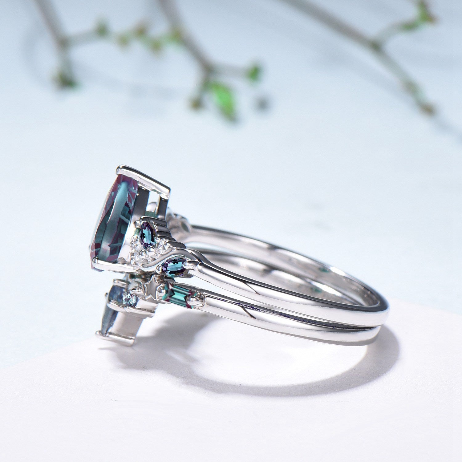 Nebula Teardrop Fireworks Cut Alexandrite Crown Engagement Ring Set: Moon Star Stacking Band - PENFINE