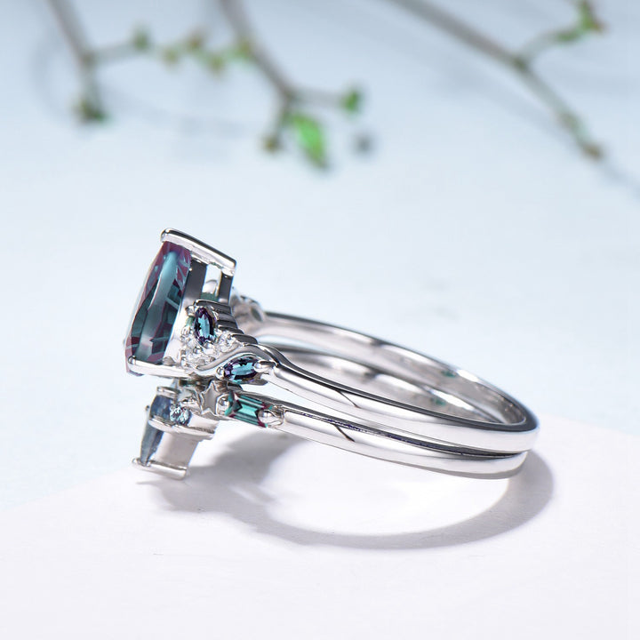 Nebula Teardrop Fireworks Cut Alexandrite Crown Engagement Ring Set: Moon Star Stacking Band - PENFINE