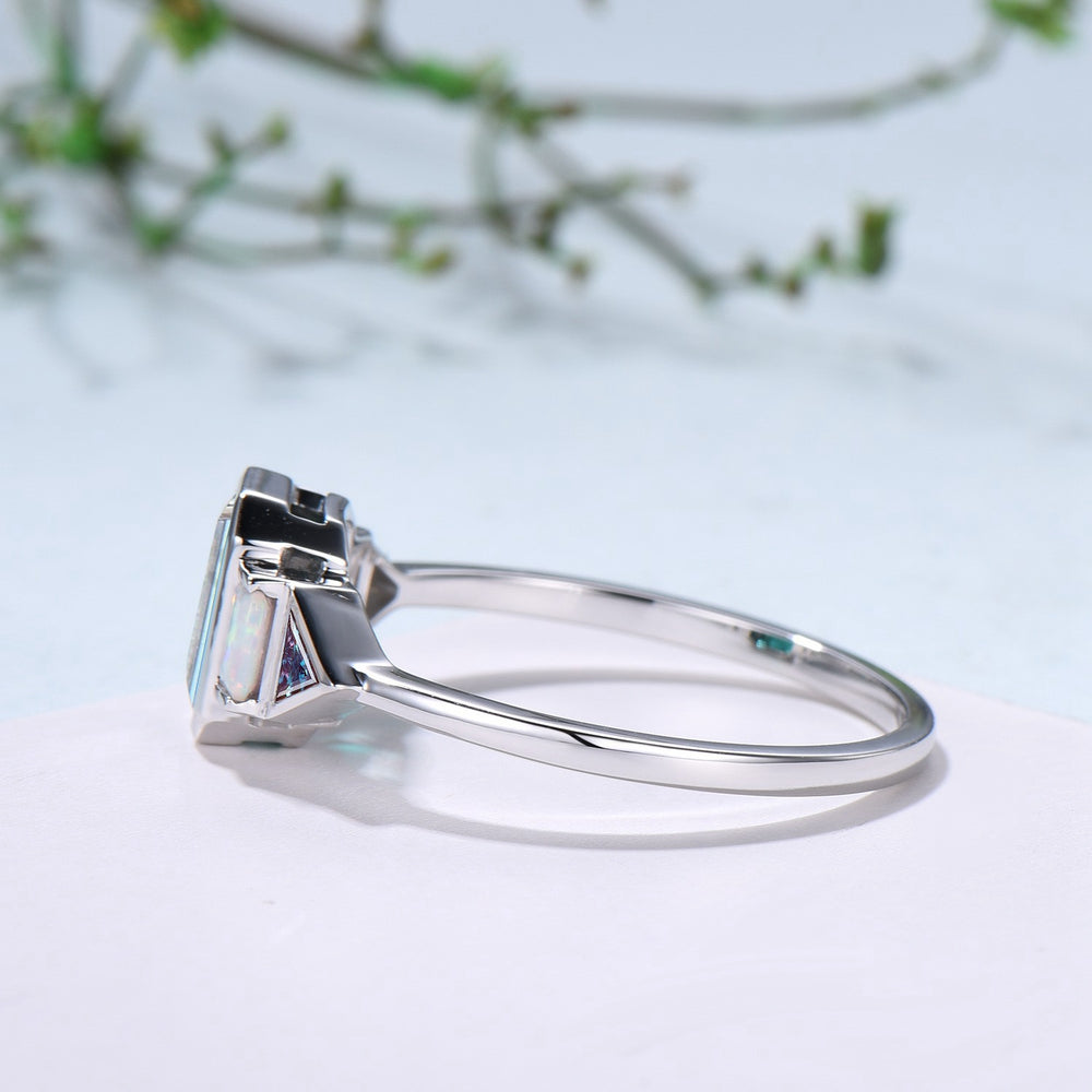 Bezel Set Emerald Cut Aquamarine Engagement Ring Five Stone Baguette Opal & Trillian Alexandrite Wedding Band - PENFINE