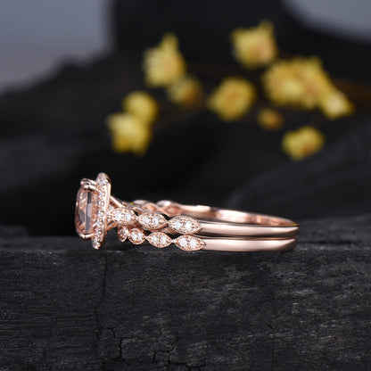 Cushion Cut Natural Morganite Engagement Ring Diamond Halo Bridal Set