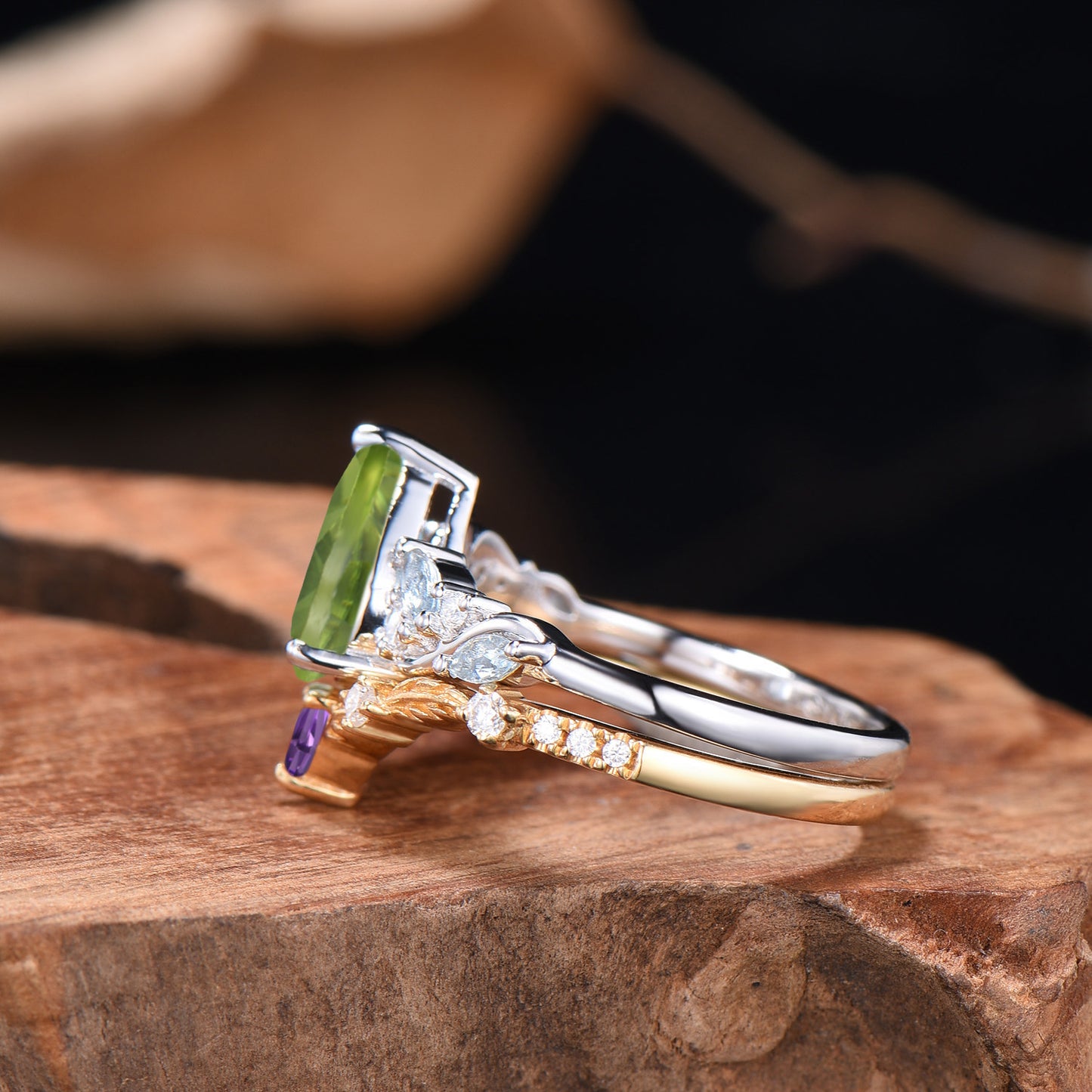 Pear Cut Peridot Engagement Ring Set Nature Inspired Gold Leaf Twig Bridal Set