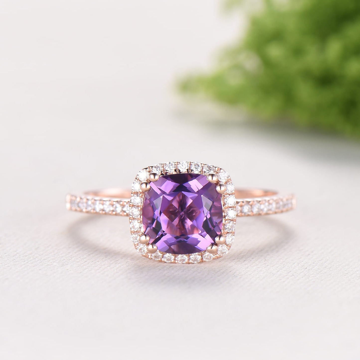 Cushion cut amethyst wedding ring set 14k rose gold vintage antique amethyst engagement ring set for women Art deco halo diamond bridal set - PENFINE