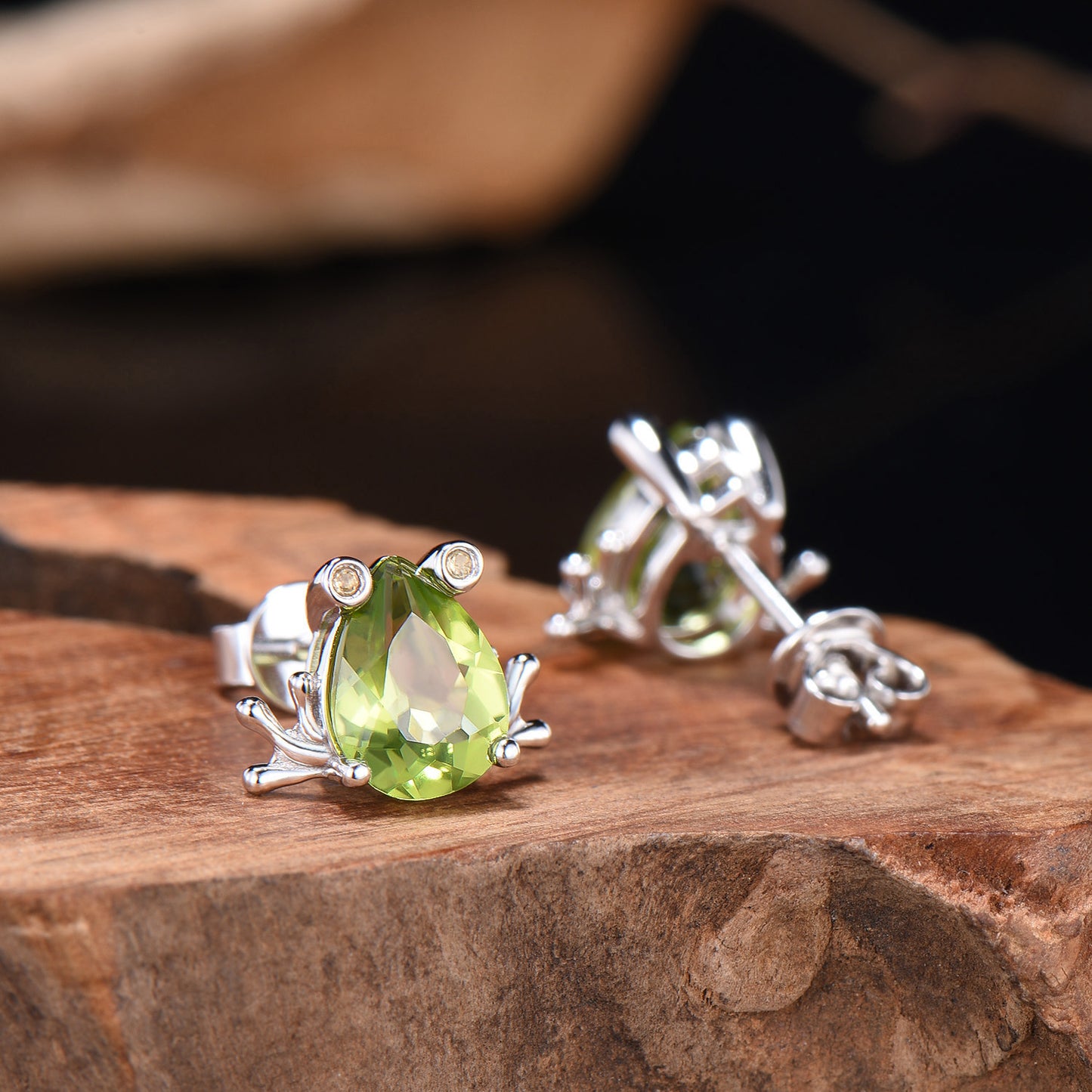 Pear Cut Peridot Frog Earrings, Citrine Accent, Gold Studs