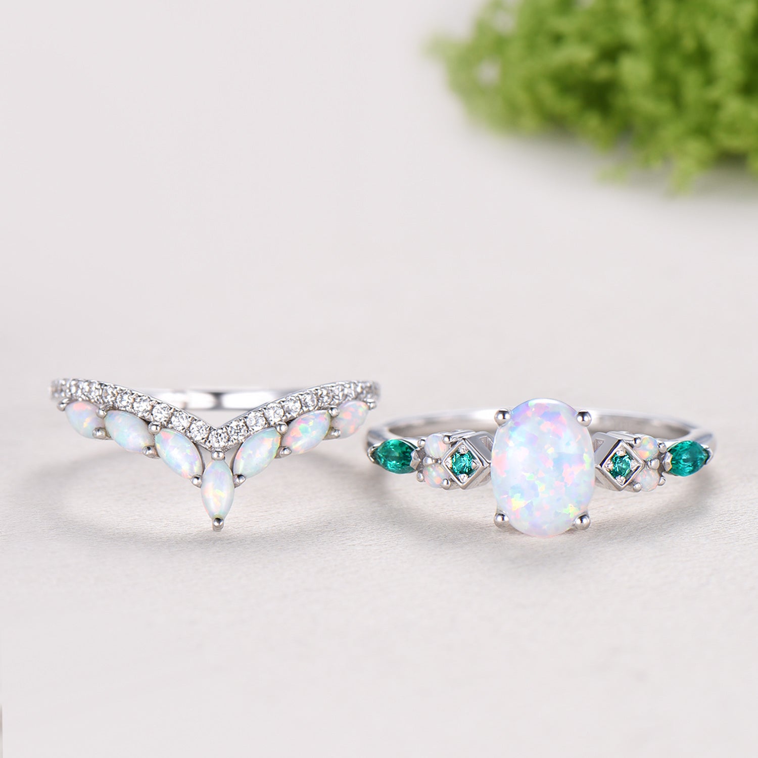 Vintage Art Deco Oval Opal Emerald Bridal Set Cluster Chevron Opal Stacking Ring Set