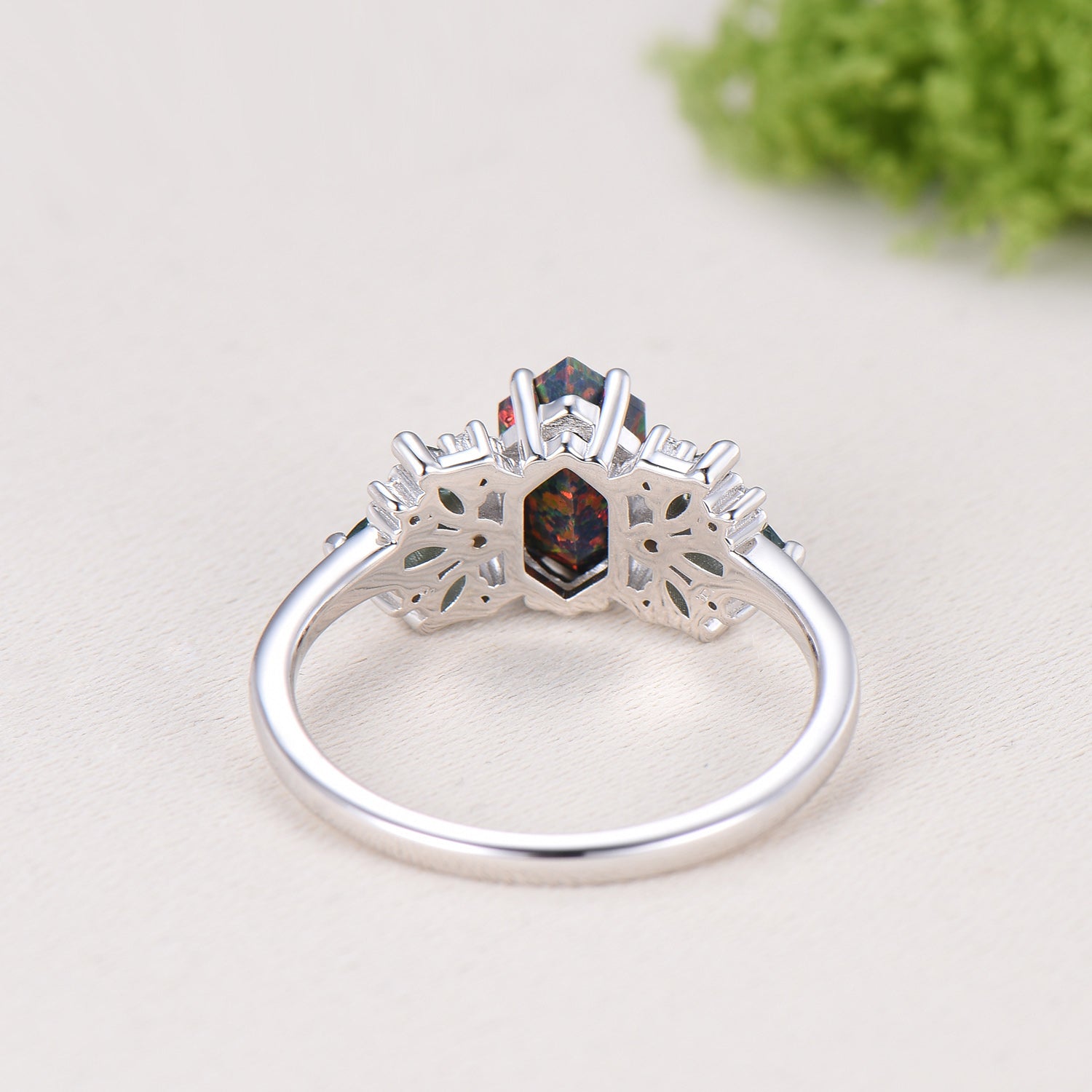 Vintage Art Deco Hexagon Cut Black Opal Engagement Ring, Moss Agate Accents
