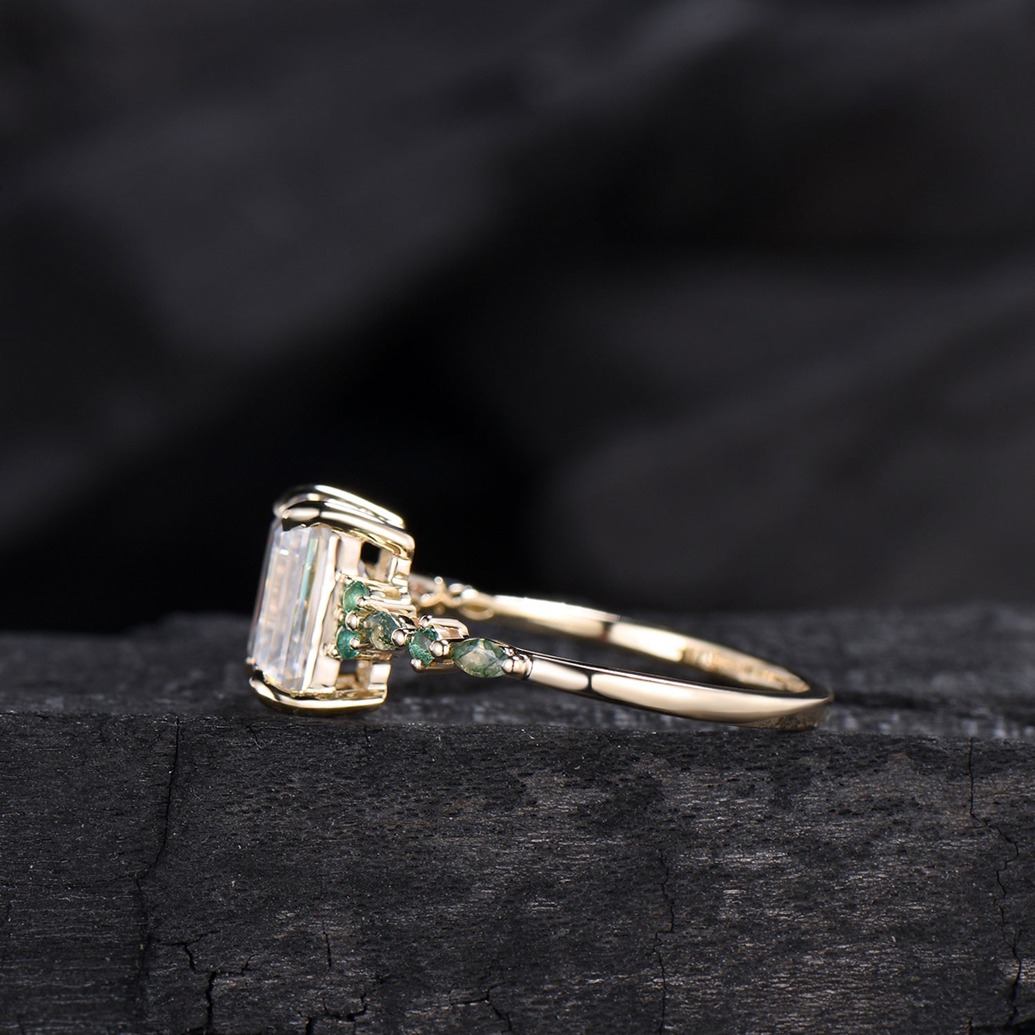 Vintage Emerald Cut Moissanite Engagement Ring Unique Marquise Moss Agate Moissanite Wedding Ring Art Deco Minimalsit Anniversary Ring Gift