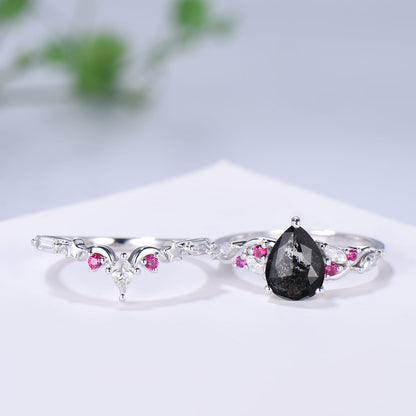 Pear Cut Salt and Pepper Diamond Engagement Ring Set with Ruby Accents & Moon Star Matching Band