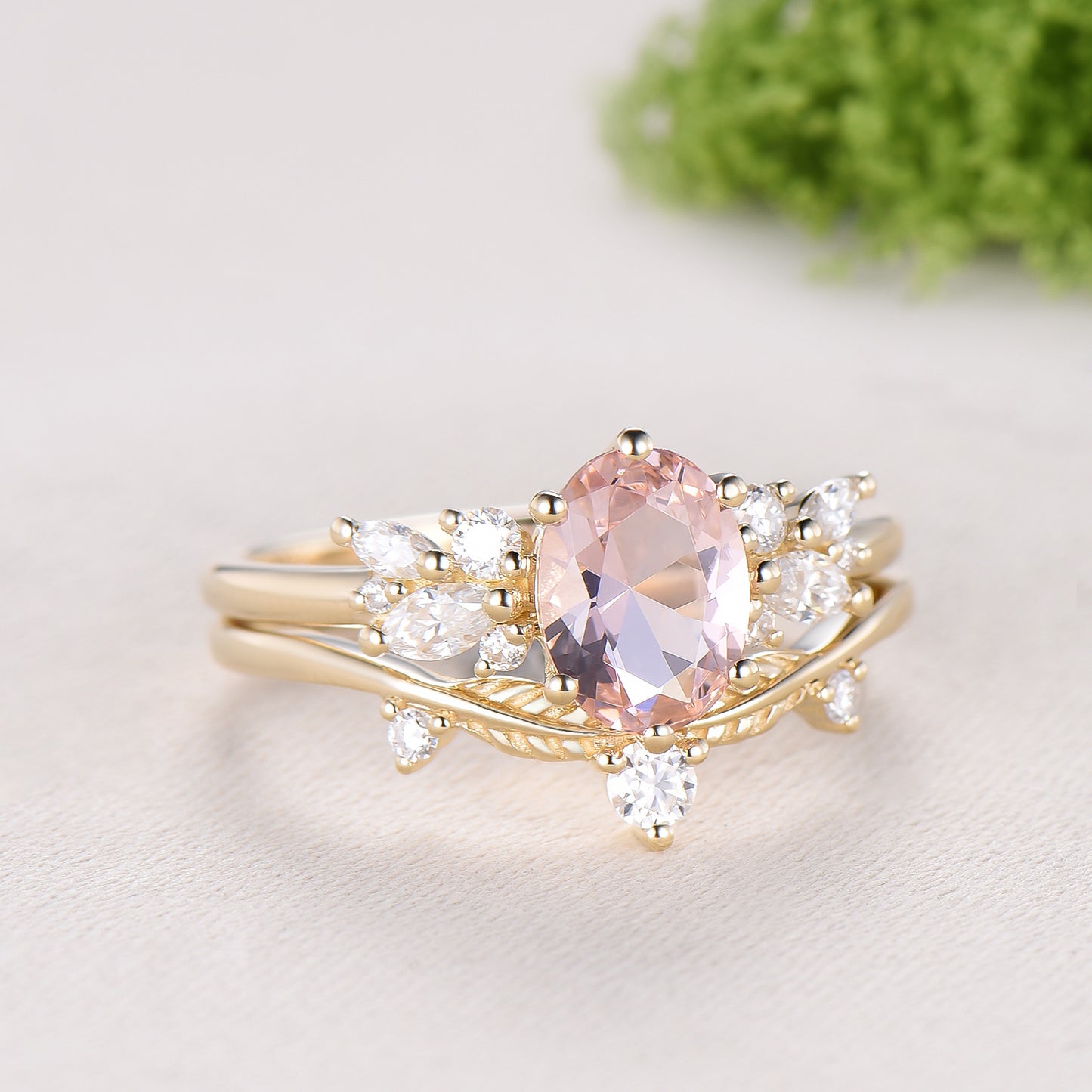 Oval Morganite Wedding Ring Set Rose Gold Morganite Diamond Engagement Ring Set Vintage Leaf Stacking Ring Natural Inspired Promise Ring