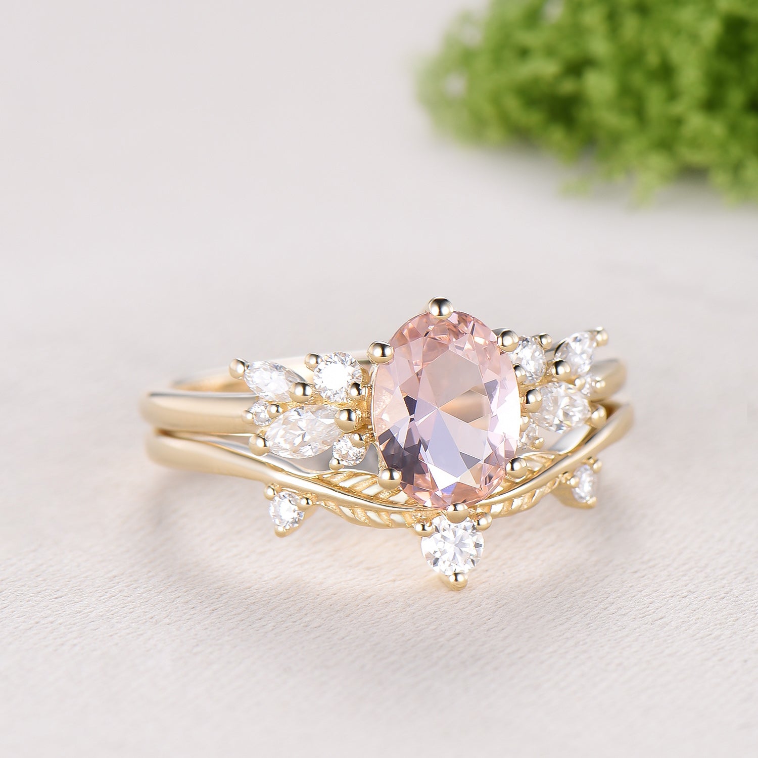 Oval Morganite Wedding Ring Set Rose Gold Morganite Diamond Engagement Ring Set Vintage Leaf Stacking Ring Natural Inspired Promise Ring