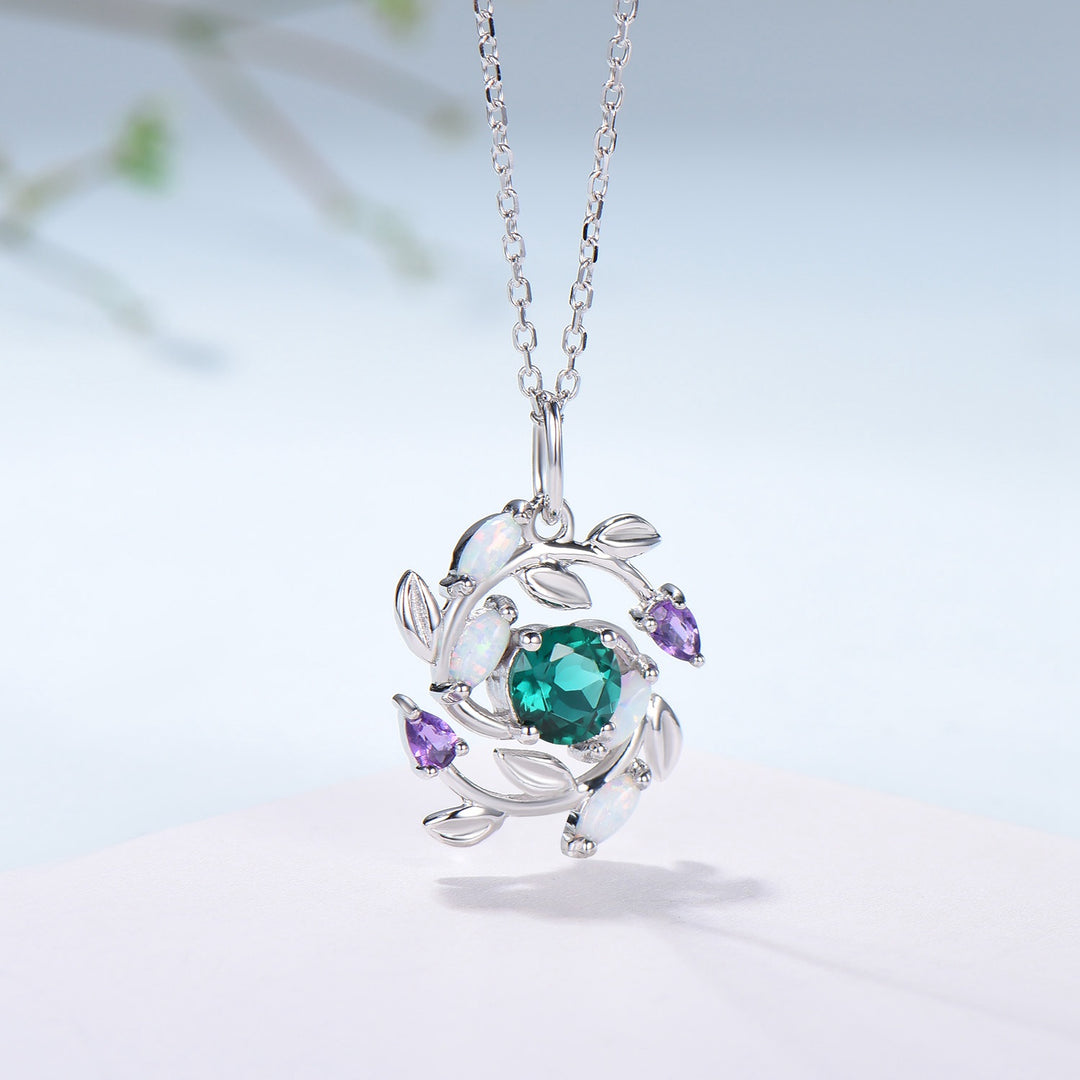 Handmade Gold Emerald Necklace: Opal, Amethyst, Floral Pendant - PENFINE