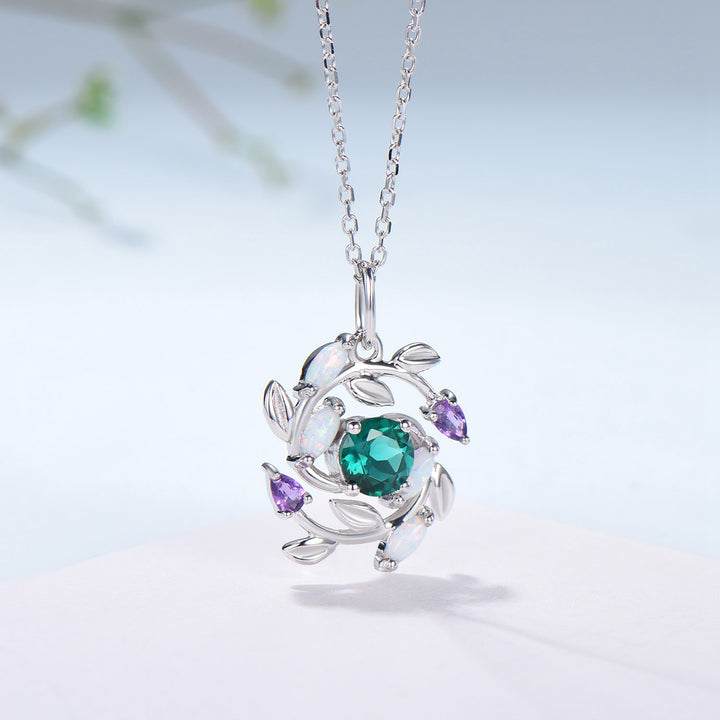 Handmade Gold Emerald Necklace: Opal, Amethyst, Floral Pendant - PENFINE