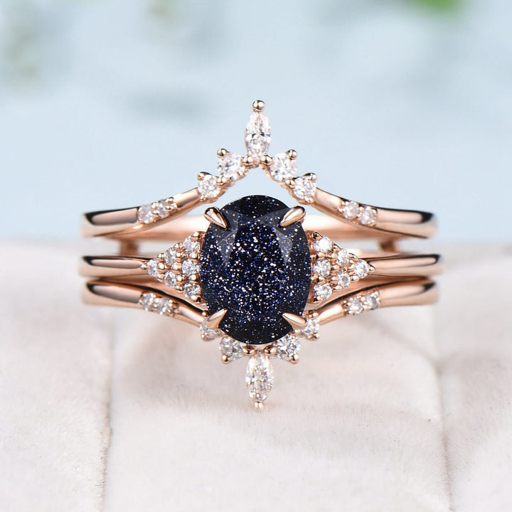 Unique Oval blue sandstone engagement ring set cluster moissanite  wedding ring set vintage double curved diamond stacking band for women - PENFINE