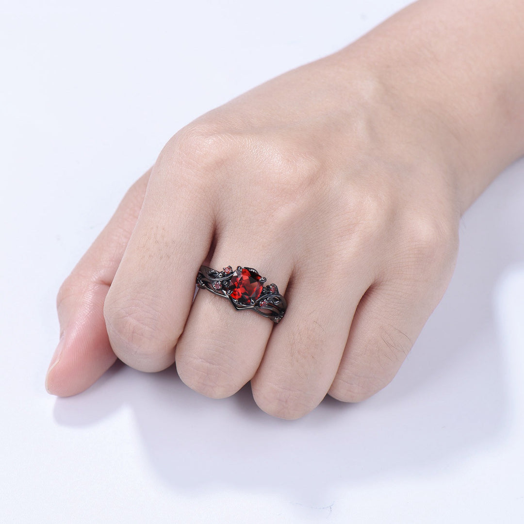 Unique gothic cushion cut garnet wedding ring set black gold natural inspired January birthstone engagement ring for women 2pcs bridal set - PENFINE