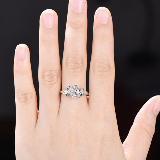 Nature Inspired oval green amethyst ring cluster engagement ring
