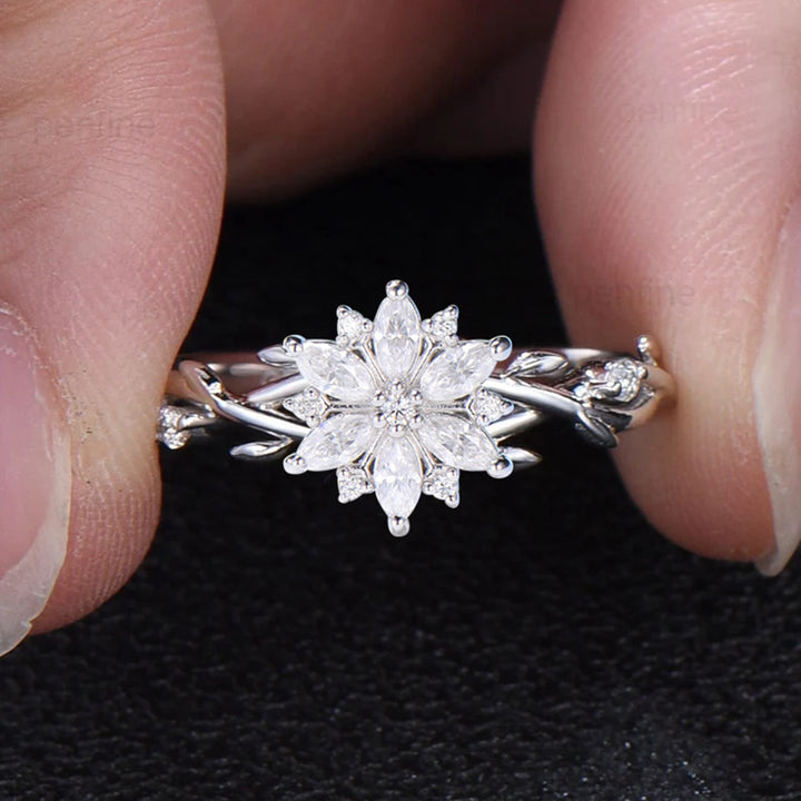 Elegant Snowflake Marquise Moissanite Diamond Ring with Twisted Branch Band - PENFINE