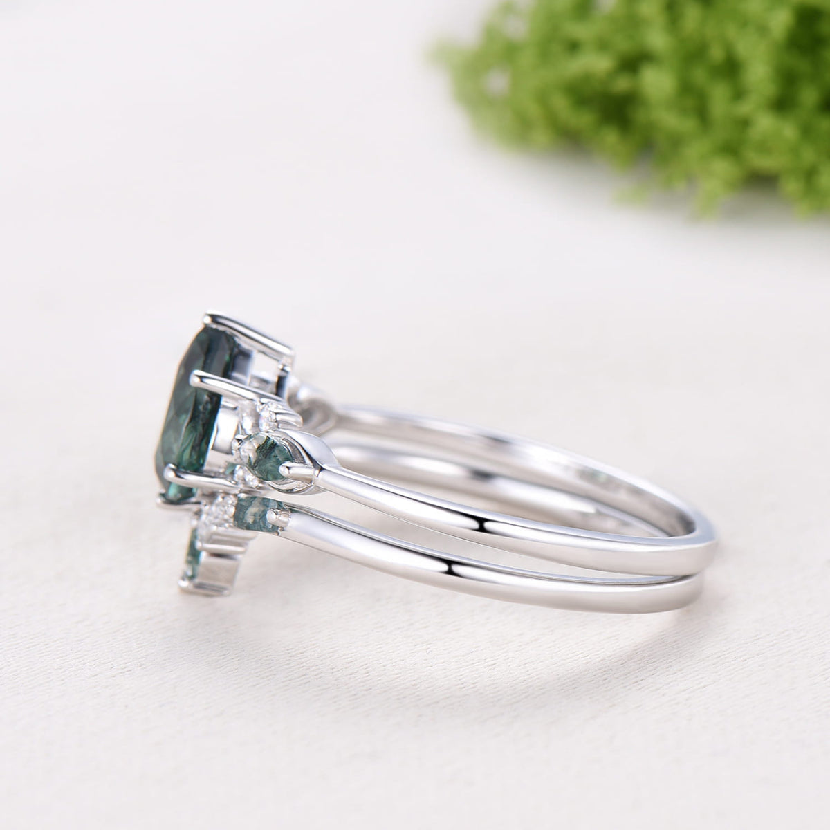 Vintage Pear Shaped Green Teal Sapphire Engagement Ring Set Unique 14k Rose Gold Vine Moss Agate Bridal Set Anniversary Promise Ring Gift