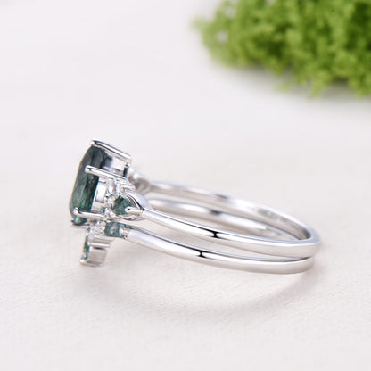 Vintage Pear Shaped Green Teal Sapphire Engagement Ring Set Unique 14k Rose Gold Vine Moss Agate Bridal Set Anniversary Promise Ring Gift