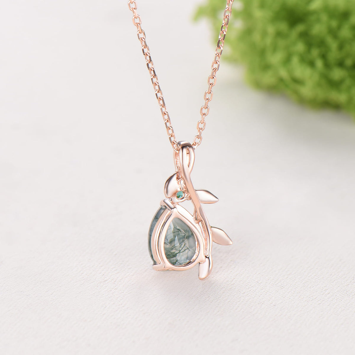 Natural Inspired Pear Shaped Moss Agate Pendant Necklace leaf branch emerald necklace silver rose gold green agate promise anniversary gifts