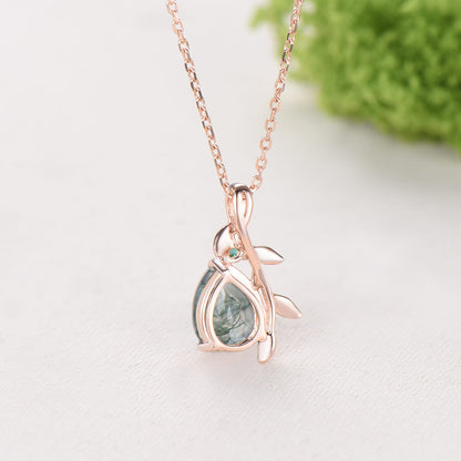Natural Inspired Pear Shaped Moss Agate Pendant Necklace leaf branch emerald necklace silver rose gold green agate promise anniversary gifts