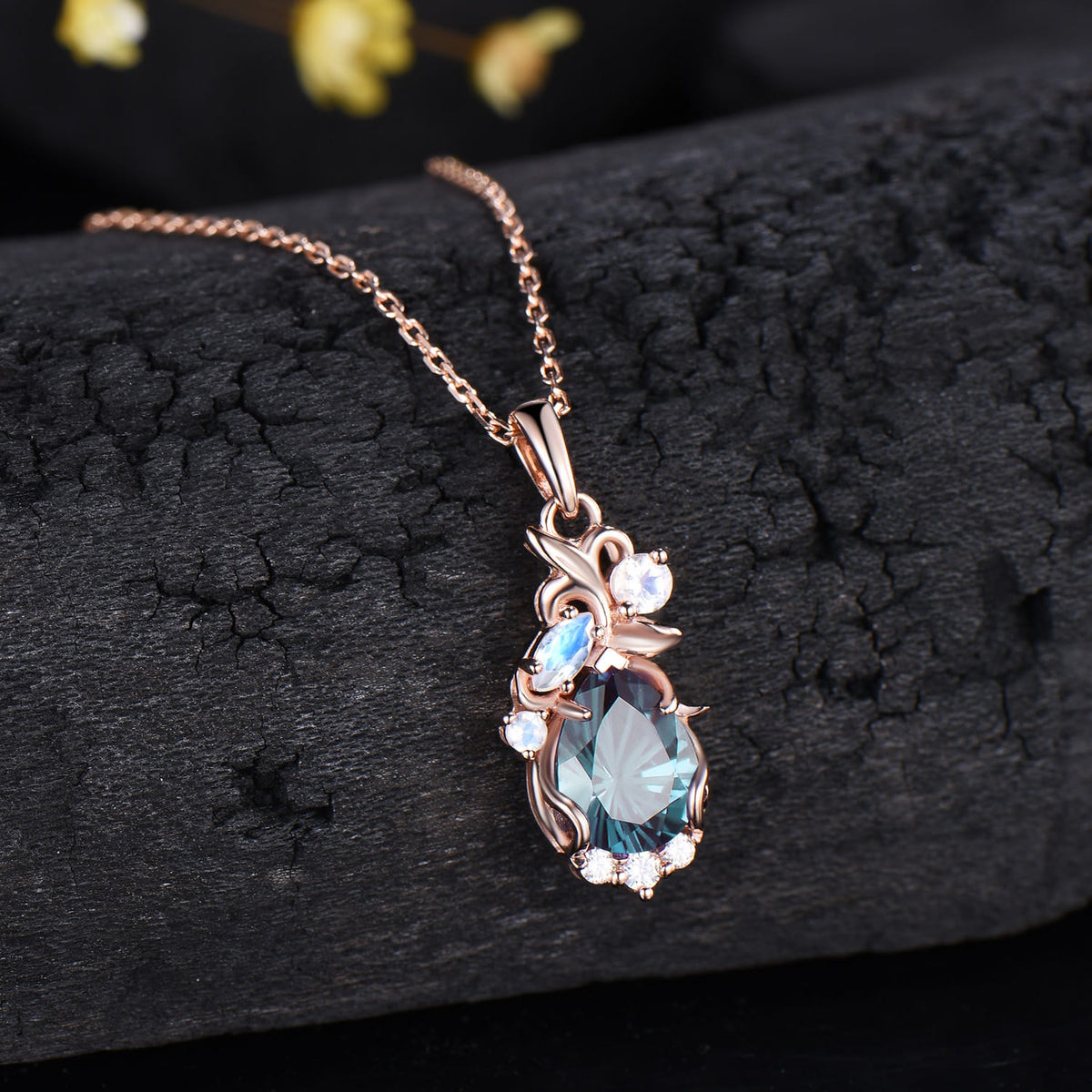 Floral Firework Cut Alexandrite Necklace 1.25CT Pear Shaped Alexandrite Moonstone Pendant