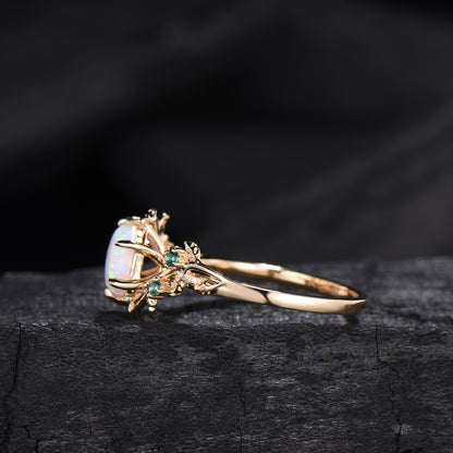 Hexagon Cut Opal Ring for women Vintage White Opal Engagement Ring Unique Nature Inspired Bridal Ring Leaf Vine emerald Wedding Bridal Ring