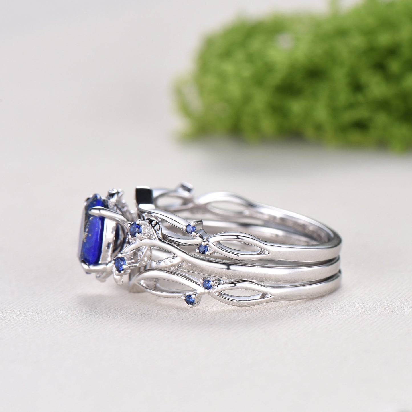 Nature Inspired Lapis Lazuli Wedding Ring Set Elegant Twig Engagement Ring Cluster Sapphire Branch Promise Ring Blue Stone Anniversary Ring - PENFINE
