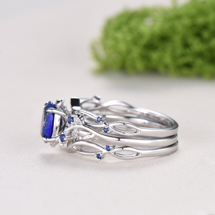 Nature Inspired Lapis Lazuli Wedding Ring Set Elegant Twig Engagement Ring Cluster Sapphire Branch Promise Ring Blue Stone Anniversary Ring - PENFINE