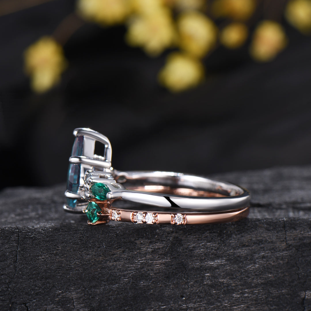 Vintage Kite Cut Alexandrite Engagement Ring Set, Art Deco Marquise Emerald Bridal Set, Unique Open Gap Stacking Band Wedding Set for Women