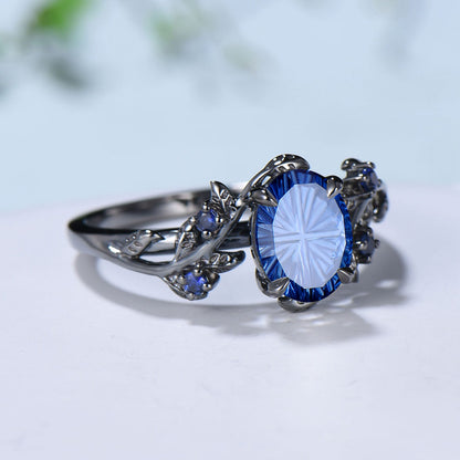 Black Gold Oval Fantasy Cut Sapphire Engagement Ring Nature Inspired Leaf Vine Ring